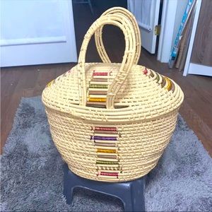 Large Vintage Colorful Straw Beach Bag Sewing Basket with REMOVABLE Lid 12”x19”